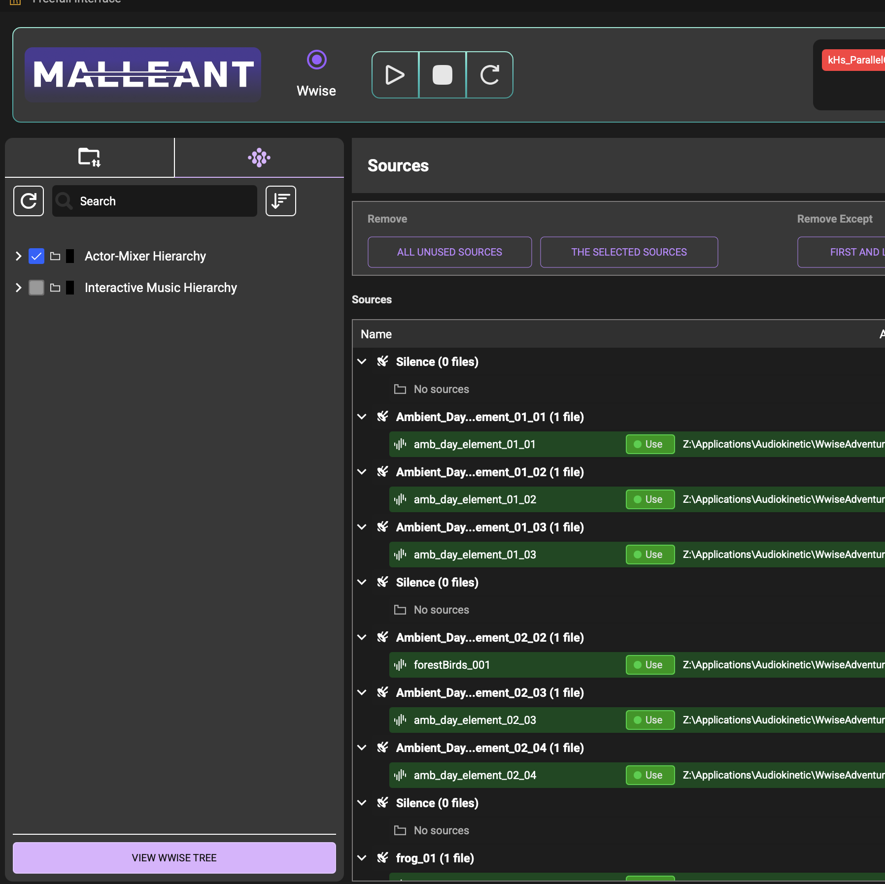 Malleant Wwise sources management interface